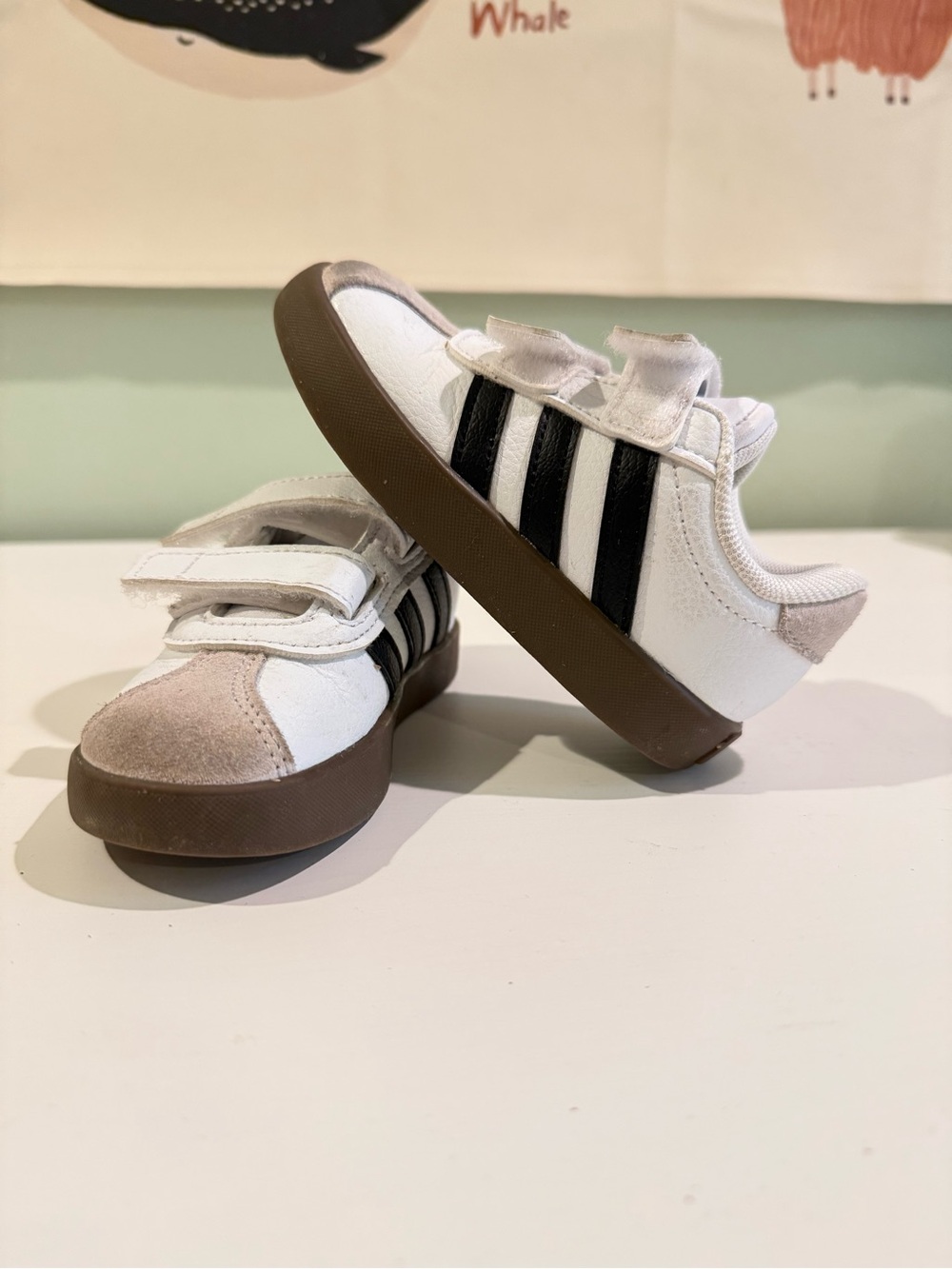 adidas Kids White Sneakers with Black Stripes and Brown Sole